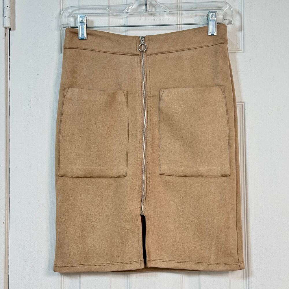 70s Faux Suede Front Zip Mini Skirt Size S Tan Retro Casual